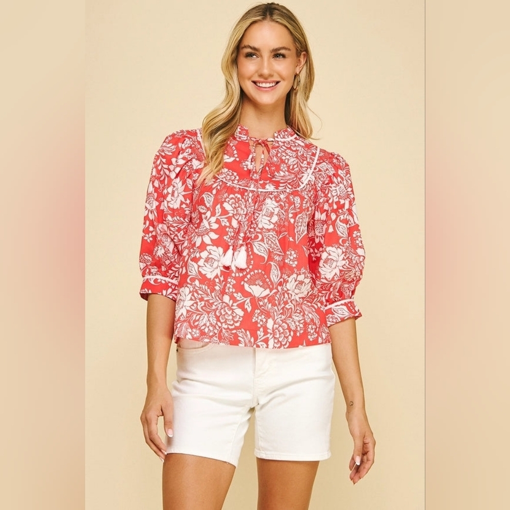 {Pinch} Reddish Coral Floral Print Woven Blouse - Medium